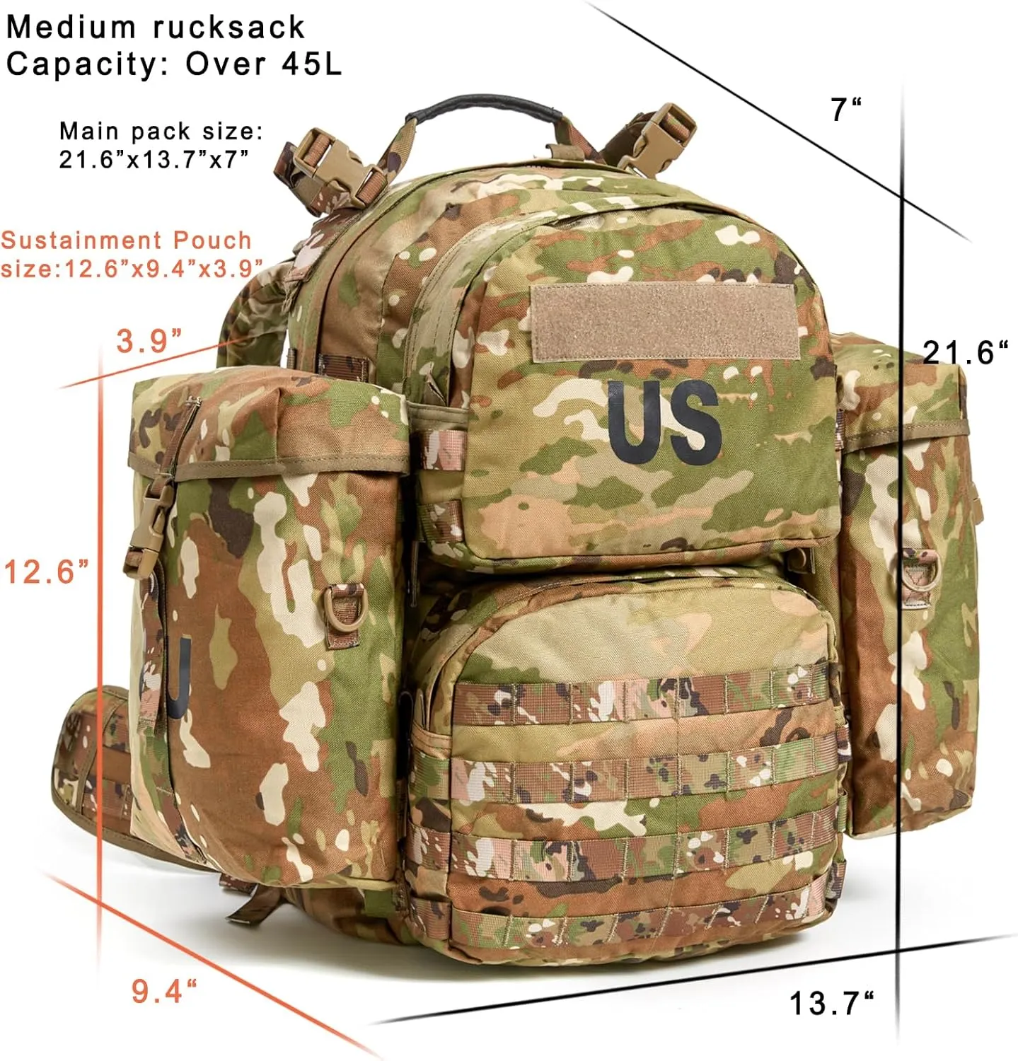 Akmax MOLLE II Medium Rucksack Military Tactical Backpack with Detachable Side Pouches & Upgraded Frame for Enhanced Comfort