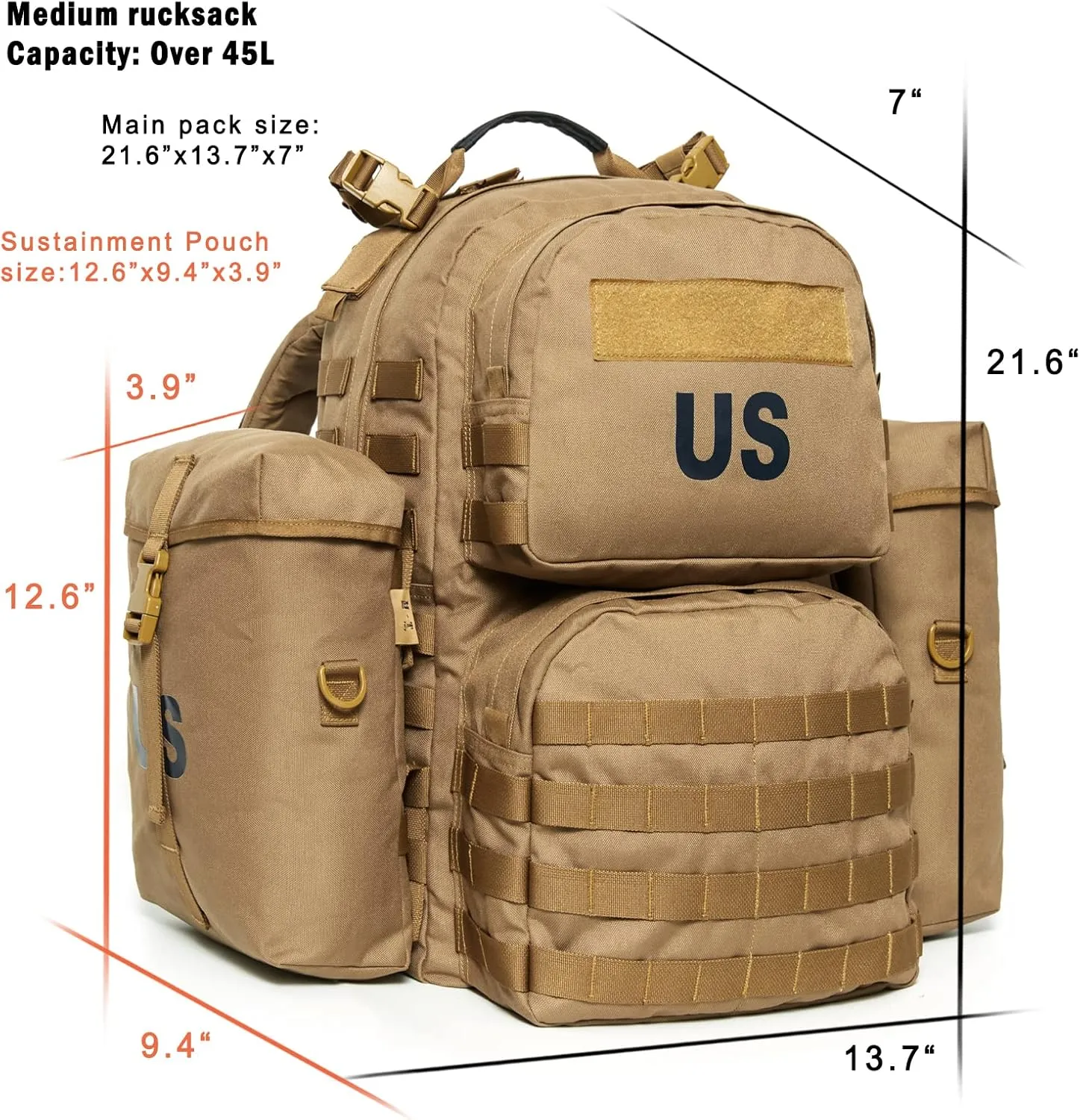 Akmax MOLLE II Medium Rucksack Military Tactical Backpack with Detachable Side Pouches & Upgraded Frame for Enhanced Comfort