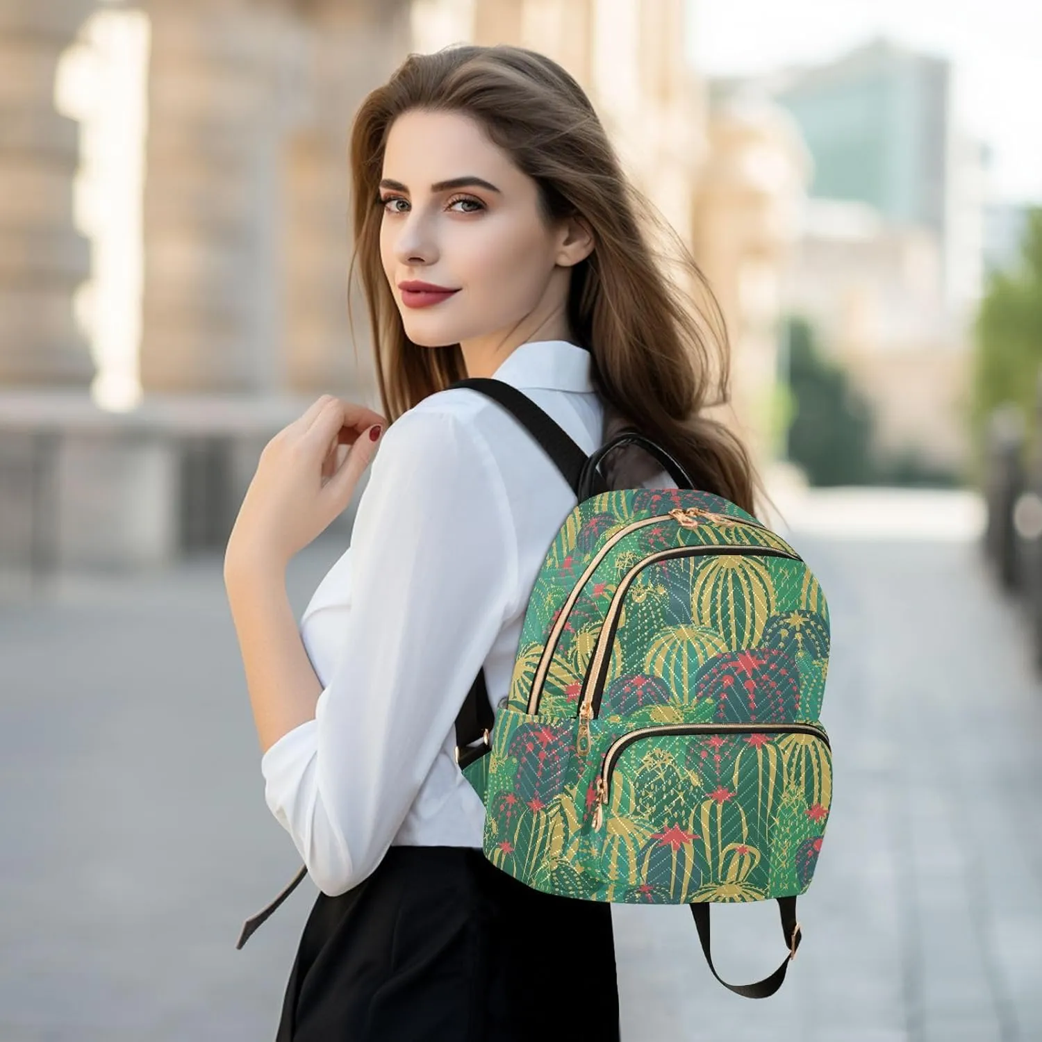 ALAZA Cacti with Flowers and Thorns in Green Casual Fashion Polyester Travel Rucksack Shoulder Bag