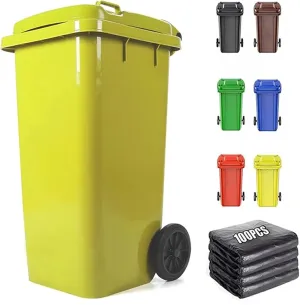 AMAZWI Outdoor Garbage Can Wheeled Trash Can with Lid,100-Pcs Garbage Bag,Large Garage Trash Can(Yellow,240L)