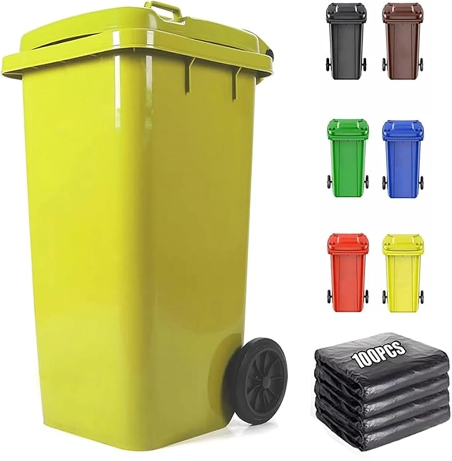 AMAZWI Outdoor Garbage Can Wheeled Trash Can with Lid,100-Pcs Garbage Bag,Large Garage Trash Can(Yellow,240L)