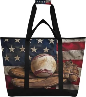 American Baseball Reusable Insulated Lunchbox Cooler Bag, Leakproof Kitchen Grocery Bag Collapsible Portable Cooler Tote Bag for Picnic, Camping, Office, Travel