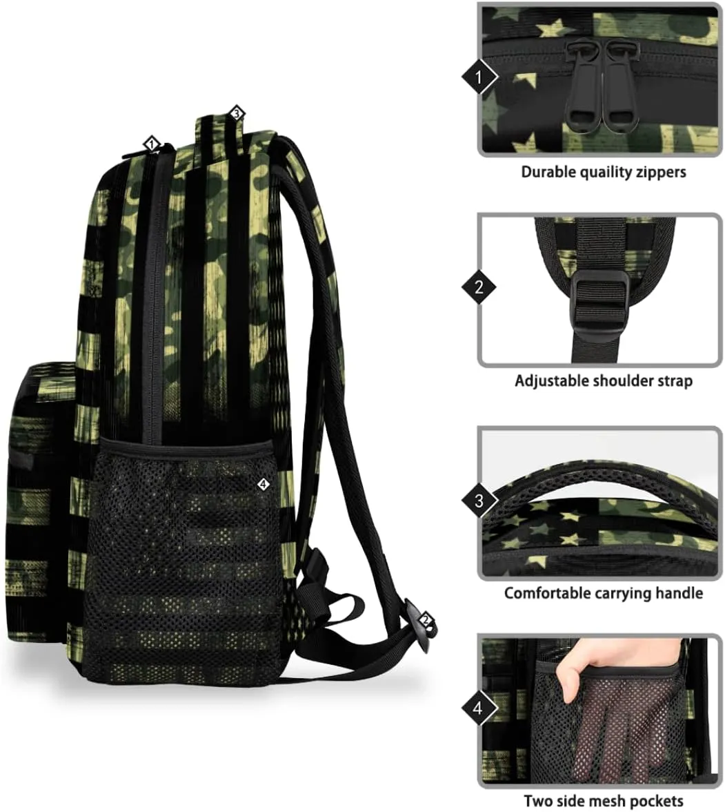 American Flag Camo Backpack for School, Green Camouflage Laptop Backpack Water Resistant College Bookbag Computer Bag Travel Hiking Camping Rucksack Daypack Shoulder Bag for Kids Teenager Boys