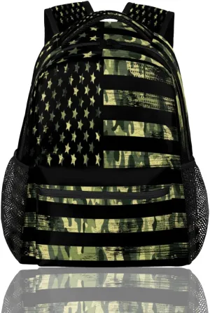 American Flag Camo Backpack for School, Green Camouflage Laptop Backpack Water Resistant College Bookbag Computer Bag Travel Hiking Camping Rucksack Daypack Shoulder Bag for Kids Teenager Boys