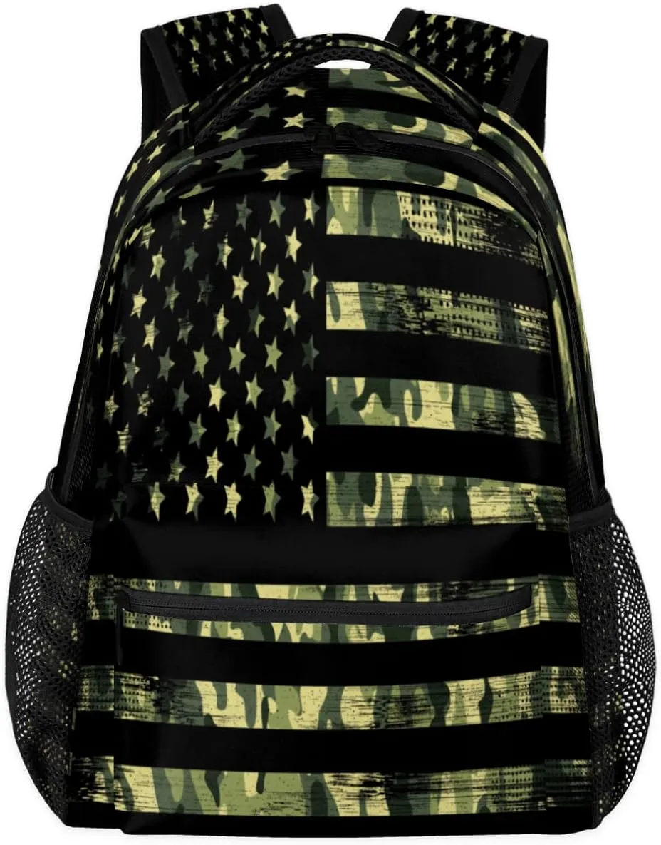 American Flag Camo Backpack for School, Green Camouflage Laptop Backpack Water Resistant College Bookbag Computer Bag Travel Hiking Camping Rucksack Daypack Shoulder Bag for Kids Teenager Boys
