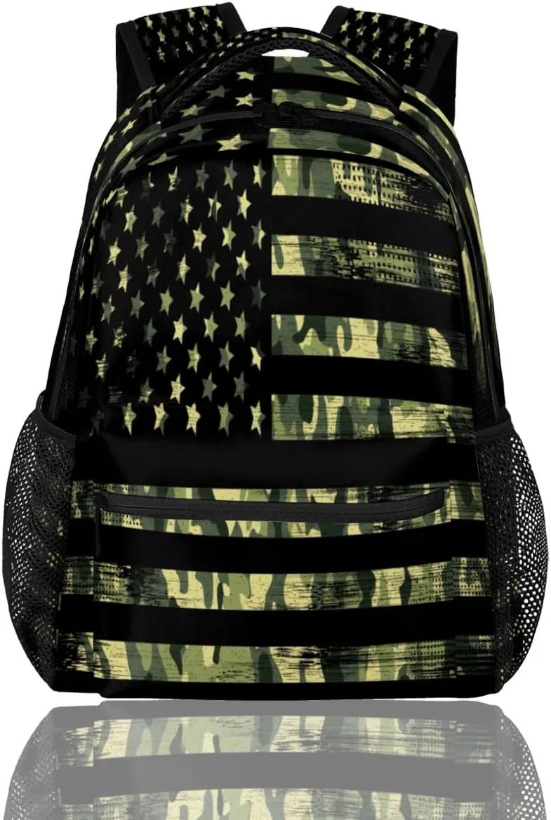 American Flag Camo Backpack for School, Green Camouflage Laptop Backpack Water Resistant College Bookbag Computer Bag Travel Hiking Camping Rucksack Daypack Shoulder Bag for Kids Teenager Boys