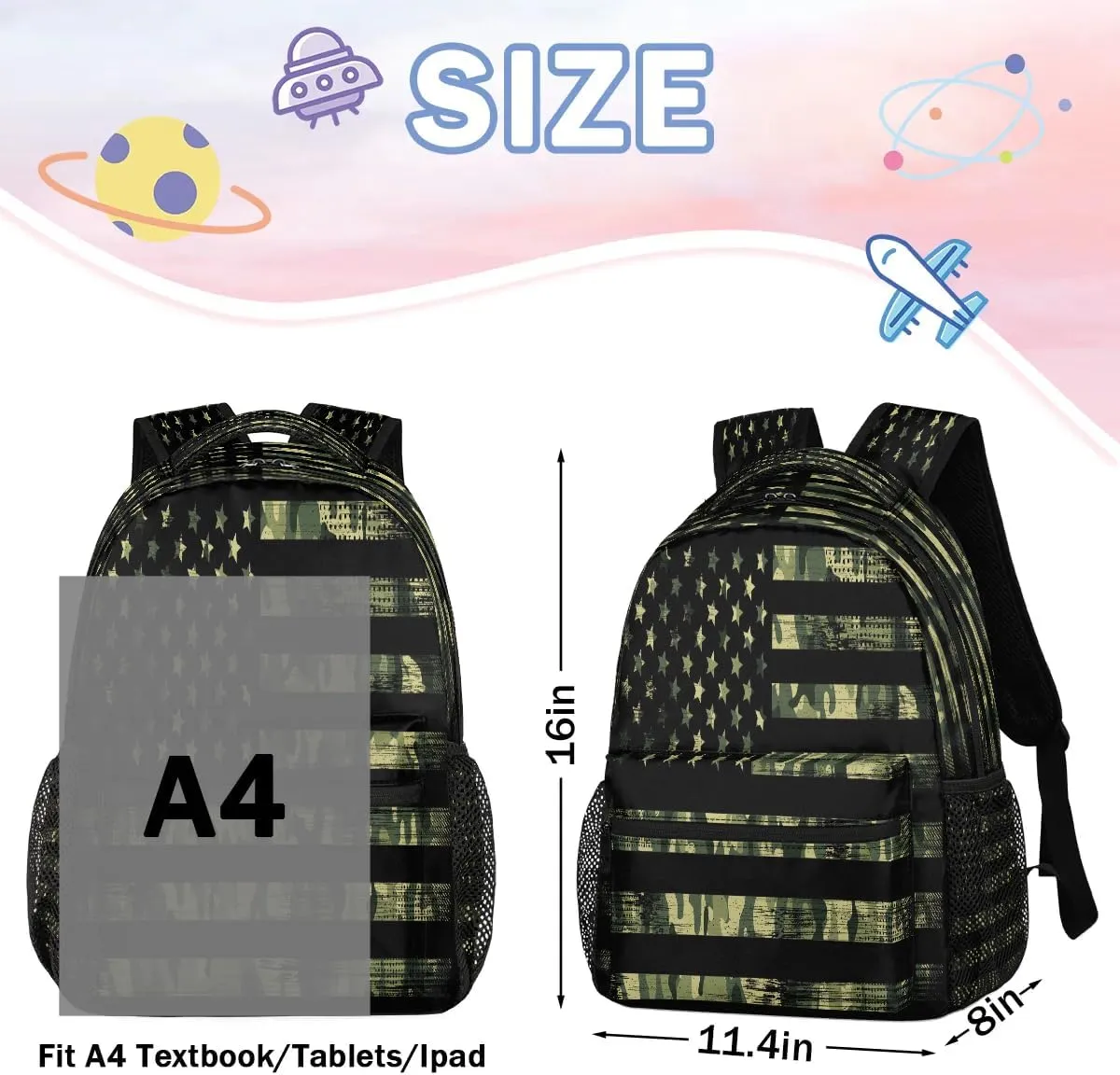 American Flag Camo Backpack for School, Green Camouflage Laptop Backpack Water Resistant College Bookbag Computer Bag Travel Hiking Camping Rucksack Daypack Shoulder Bag for Kids Teenager Boys