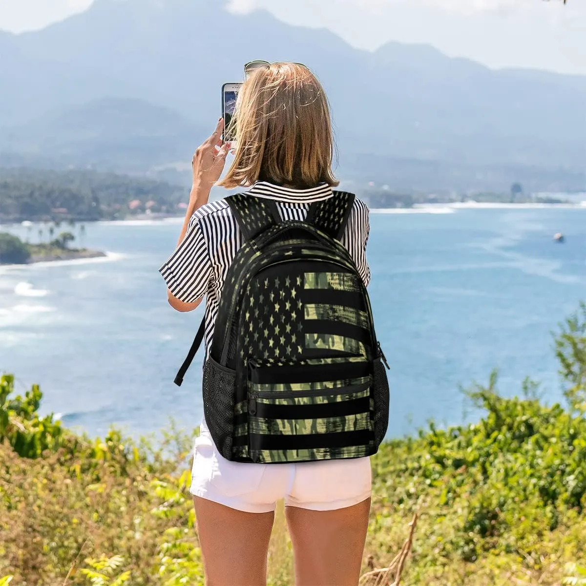American Flag Camo Backpack for School, Green Camouflage Laptop Backpack Water Resistant College Bookbag Computer Bag Travel Hiking Camping Rucksack Daypack Shoulder Bag for Kids Teenager Boys