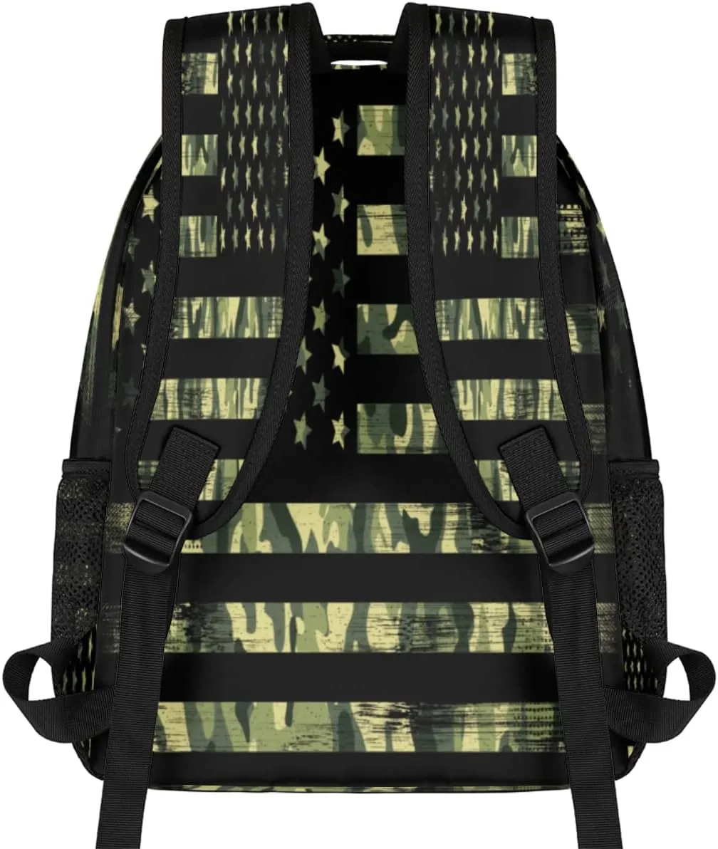American Flag Camo Backpack for School, Green Camouflage Laptop Backpack Water Resistant College Bookbag Computer Bag Travel Hiking Camping Rucksack Daypack Shoulder Bag for Kids Teenager Boys