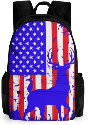 American Flag Deer Art Shoulder Book Bags Polyester Multipurpose Anti-Theft Carry On Bag Large Capacity Travel Hiking & Camping Rucksack