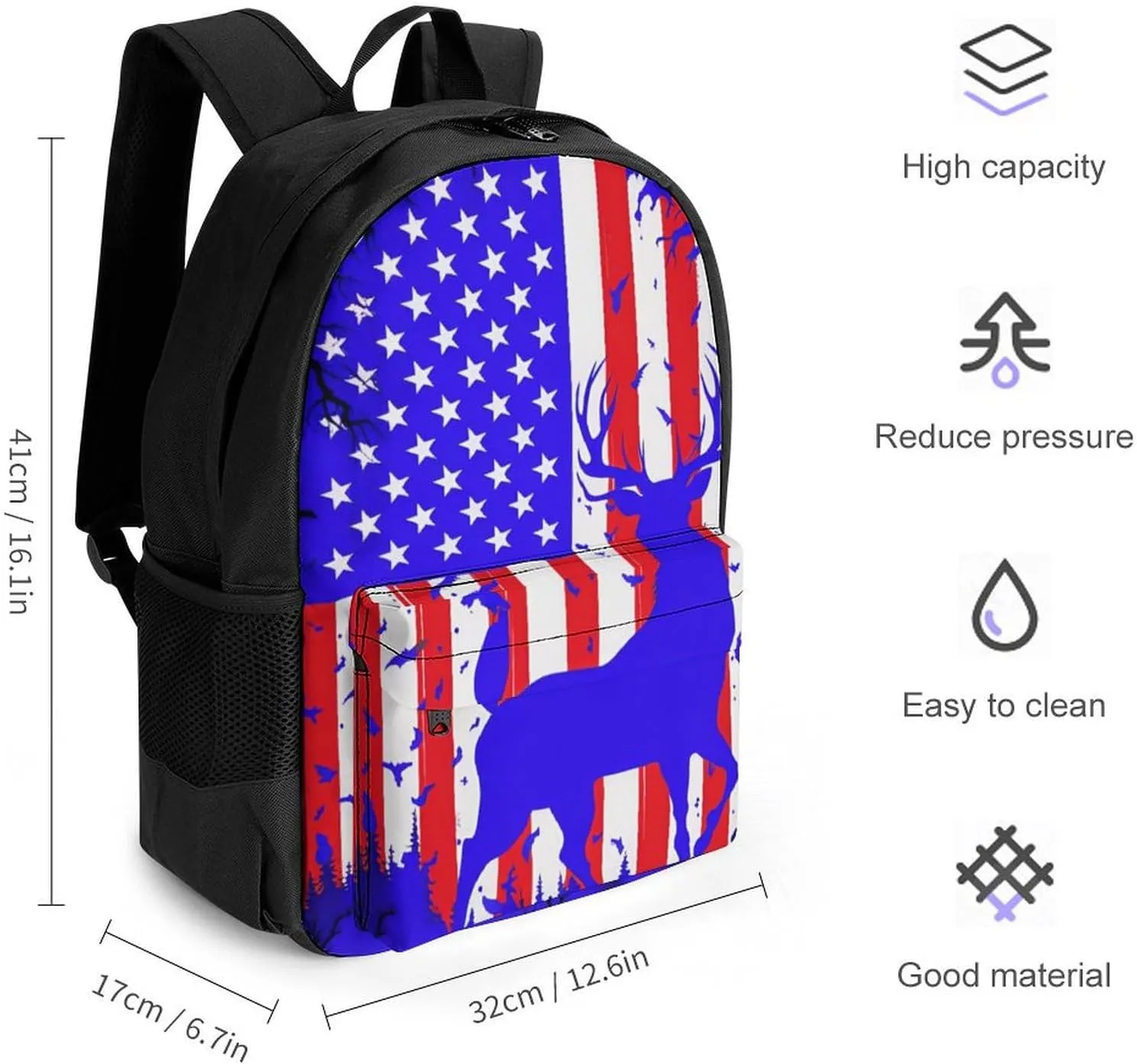 American Flag Deer Art Shoulder Book Bags Polyester Multipurpose Anti-Theft Carry On Bag Large Capacity Travel Hiking & Camping Rucksack