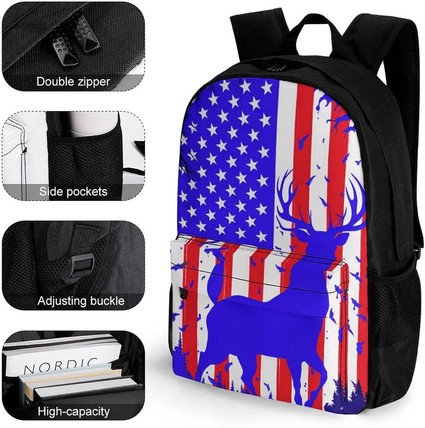 American Flag Deer Art Shoulder Book Bags Polyester Multipurpose Anti-Theft Carry On Bag Large Capacity Travel Hiking & Camping Rucksack