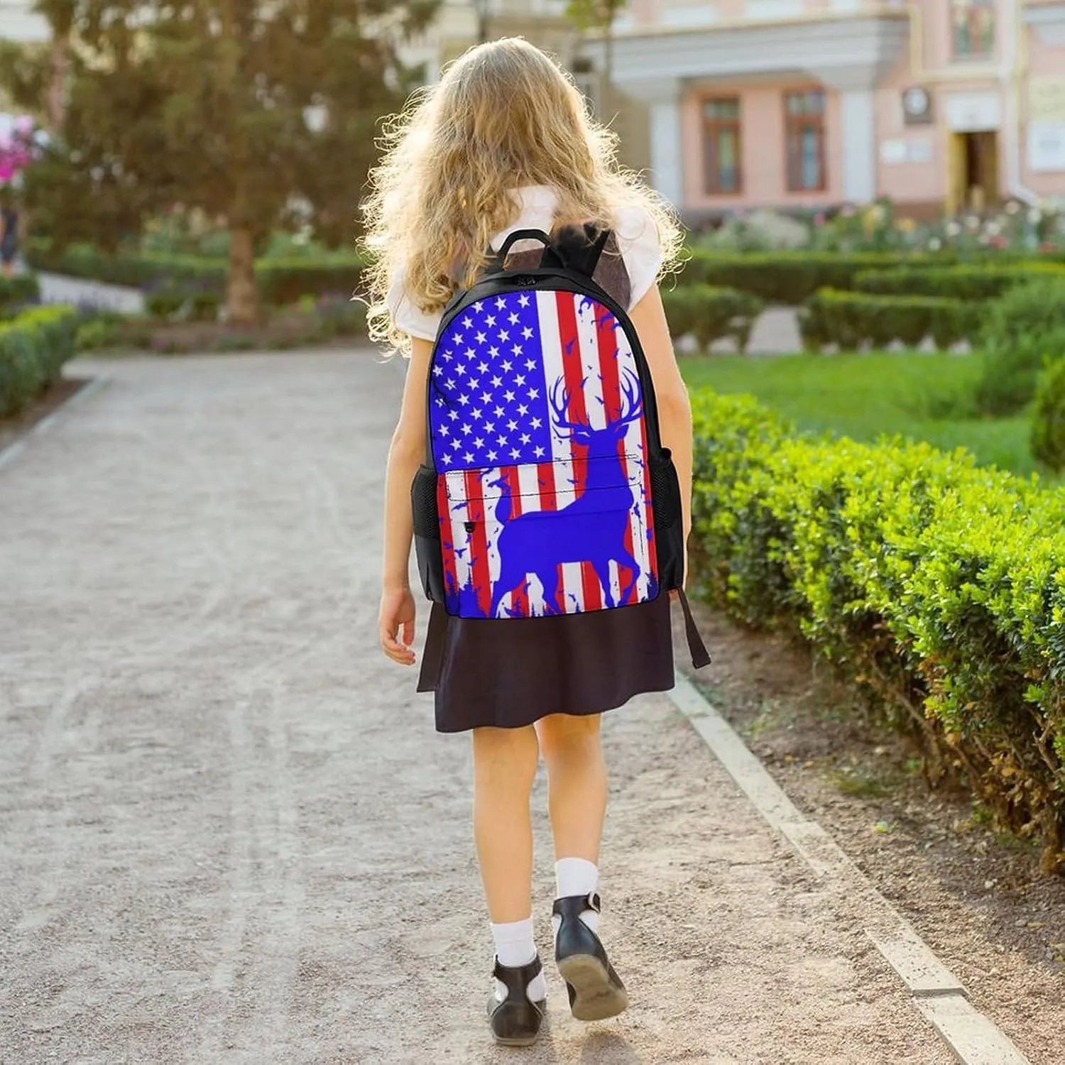 American Flag Deer Art Shoulder Book Bags Polyester Multipurpose Anti-Theft Carry On Bag Large Capacity Travel Hiking & Camping Rucksack