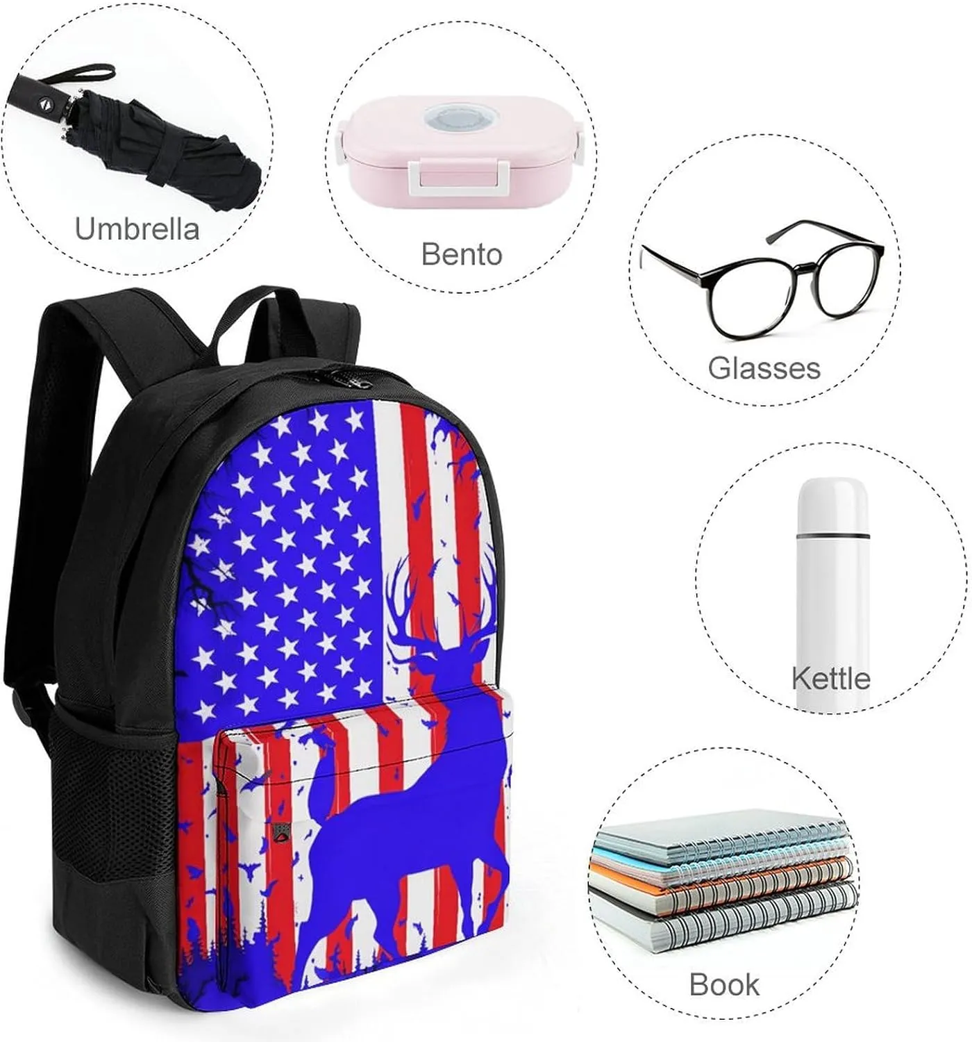 American Flag Deer Art Shoulder Book Bags Polyester Multipurpose Anti-Theft Carry On Bag Large Capacity Travel Hiking & Camping Rucksack