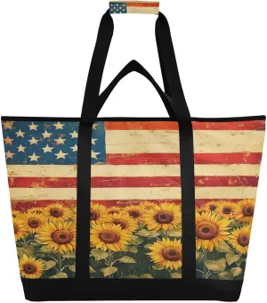 American Flag Siunflowers Reusable Insulated Lunchbox Cooler Bag, Leakproof Kitchen Grocery Bag Collapsible Portable Cooler Tote Bag for Picnic, Camping, Office, Travel