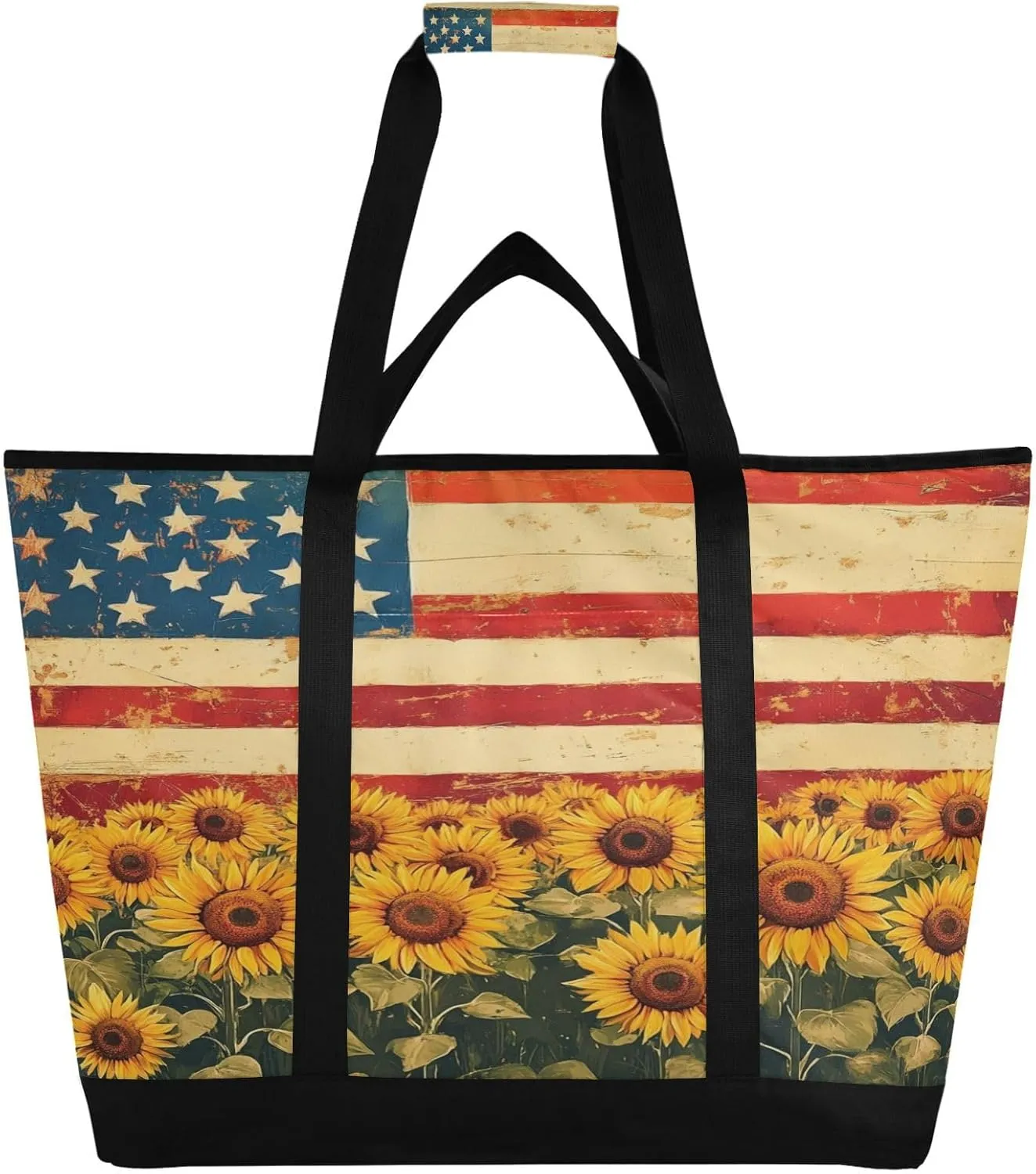 American Flag Siunflowers Reusable Insulated Lunchbox Cooler Bag, Leakproof Kitchen Grocery Bag Collapsible Portable Cooler Tote Bag for Picnic, Camping, Office, Travel