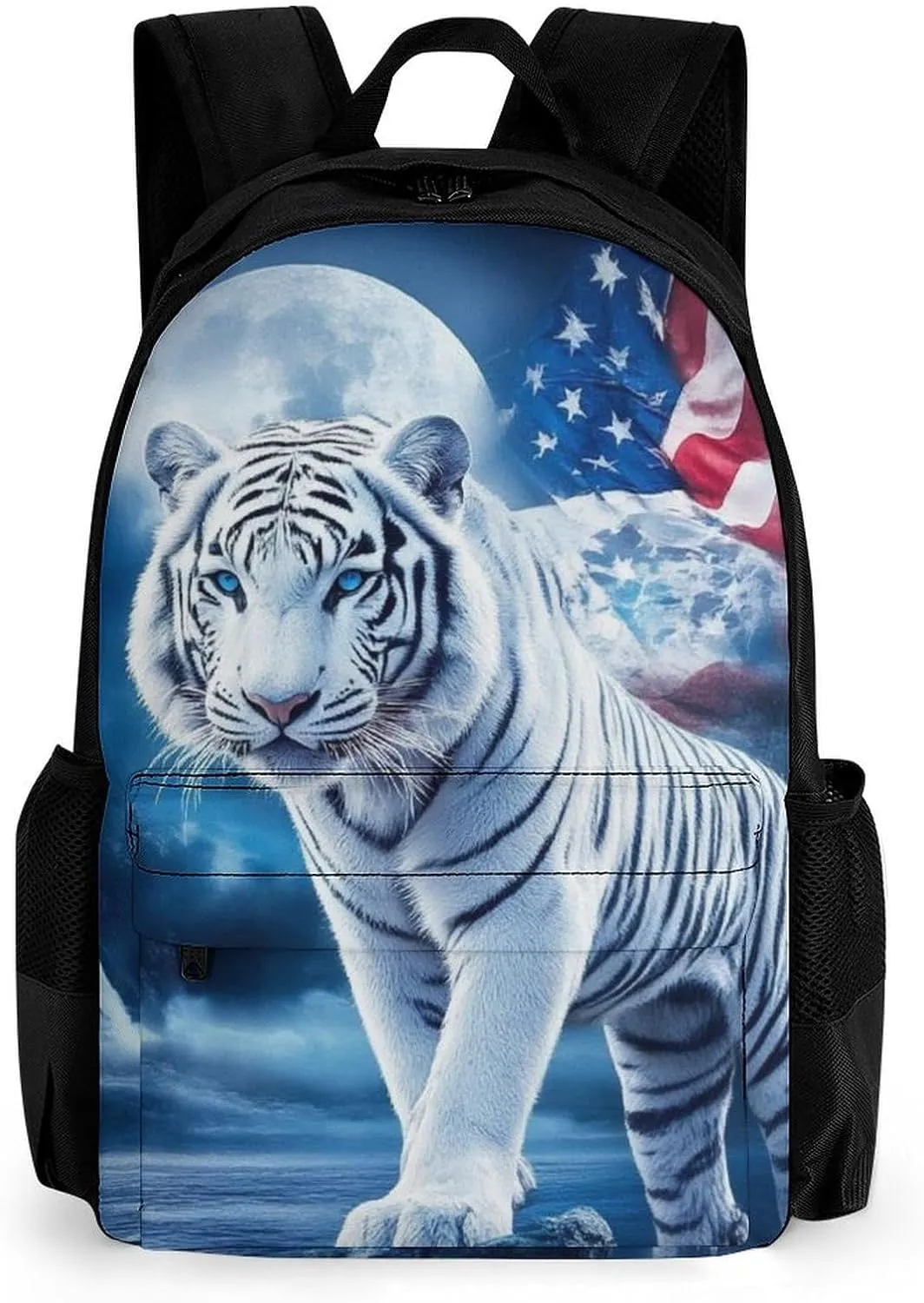 American Flag White Tiger Moon Patriotic Art Print Rucksacks Lightweight Multipurpose Anti-Theft Shoulder Bag Big Capacity Laptop Book Bag Rucksack With Padded Straps