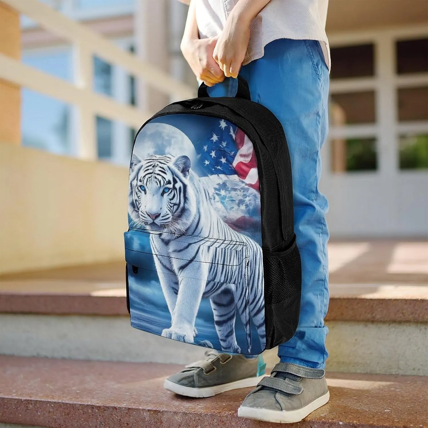 American Flag White Tiger Moon Patriotic Art Print Rucksacks Lightweight Multipurpose Anti-Theft Shoulder Bag Big Capacity Laptop Book Bag Rucksack With Padded Straps
