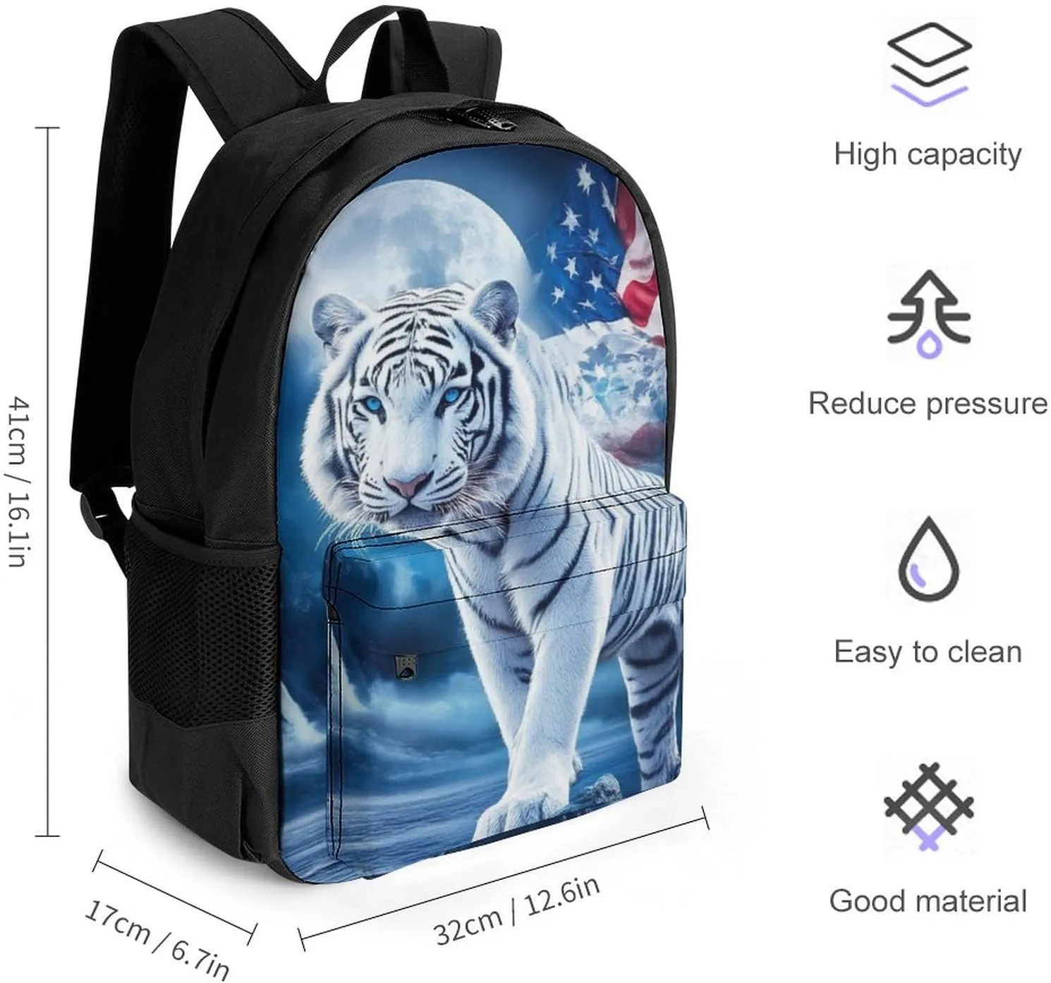 American Flag White Tiger Moon Patriotic Art Print Rucksacks Lightweight Multipurpose Anti-Theft Shoulder Bag Big Capacity Laptop Book Bag Rucksack With Padded Straps