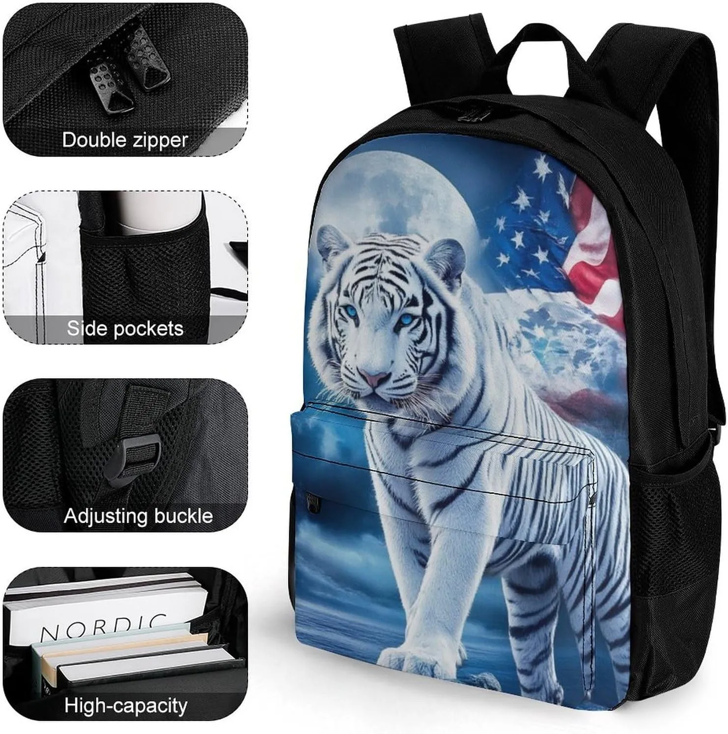 American Flag White Tiger Moon Patriotic Art Print Rucksacks Lightweight Multipurpose Anti-Theft Shoulder Bag Big Capacity Laptop Book Bag Rucksack With Padded Straps