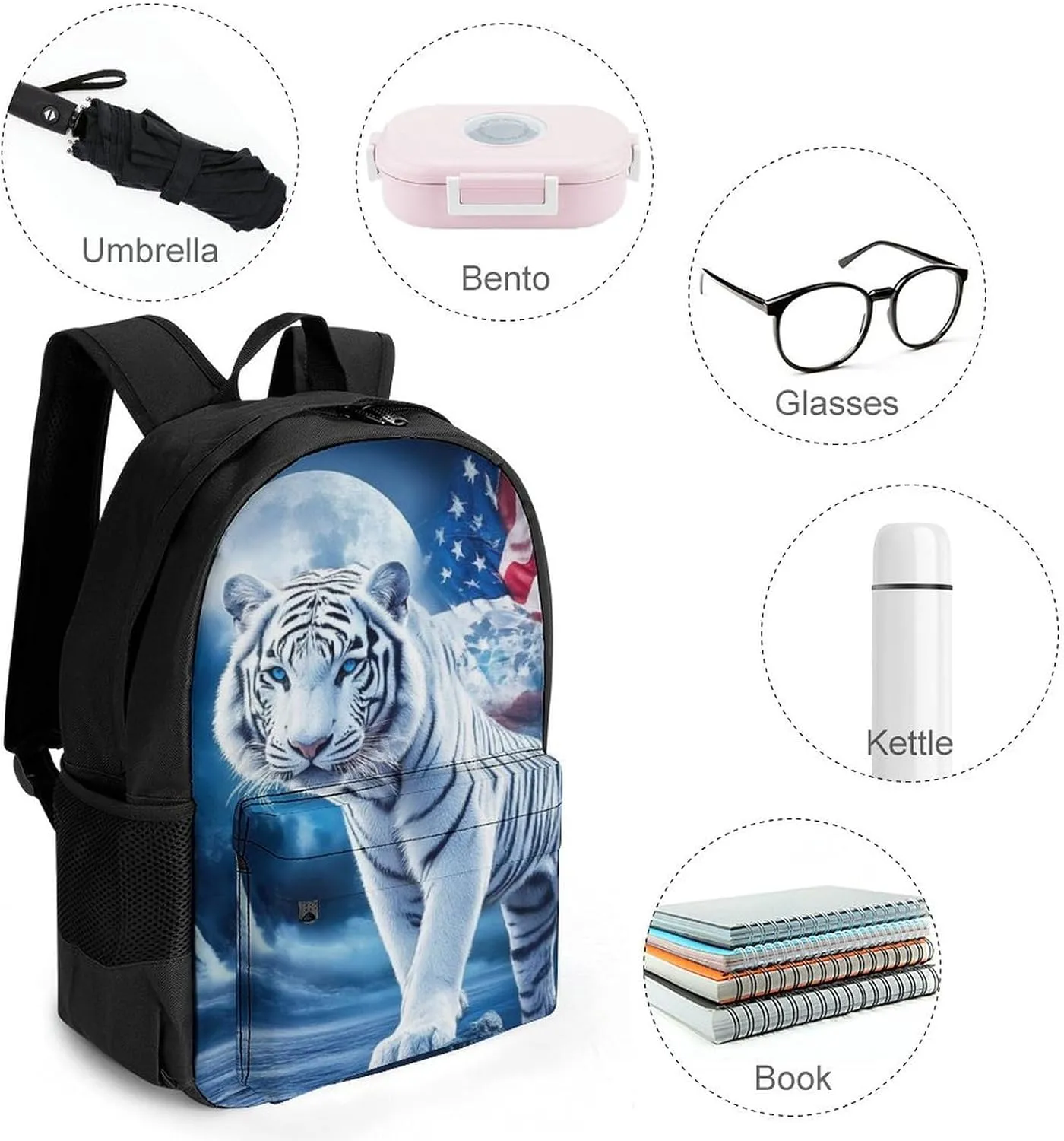 American Flag White Tiger Moon Patriotic Art Print Rucksacks Lightweight Multipurpose Anti-Theft Shoulder Bag Big Capacity Laptop Book Bag Rucksack With Padded Straps