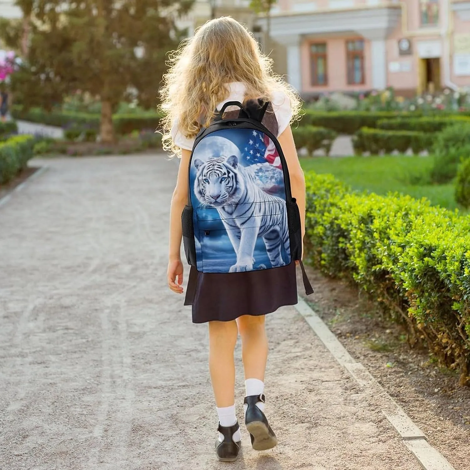American Flag White Tiger Moon Patriotic Art Print Rucksacks Lightweight Multipurpose Anti-Theft Shoulder Bag Big Capacity Laptop Book Bag Rucksack With Padded Straps