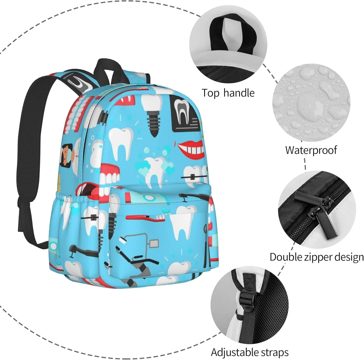 AMRANDOM Teeth Dental Seamless Pattern Blue Backpack Purse for Women Men Travel Bag Rucksack Ladies for Travel Hiking