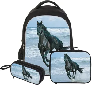 Animal Horse Printed Shoulder Backpack High Class Students Laptop School Bag Lunch Tote Bag Pencil Case