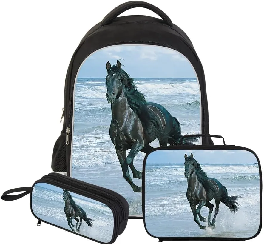 Animal Horse Printed Shoulder Backpack High Class Students Laptop School Bag Lunch Tote Bag Pencil Case