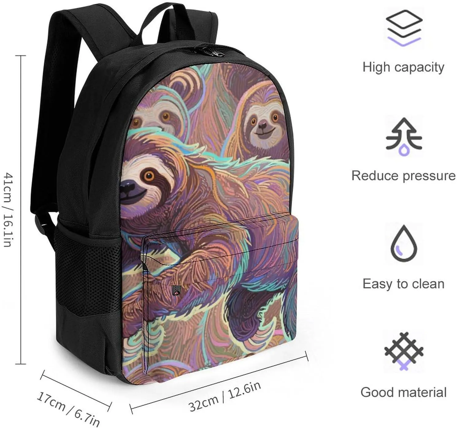 Animals Sloth Art Shoulder Book Bags Polyester Multipurpose Anti-Theft Carry On Bag Large Capacity Travel Hiking & Camping Rucksack