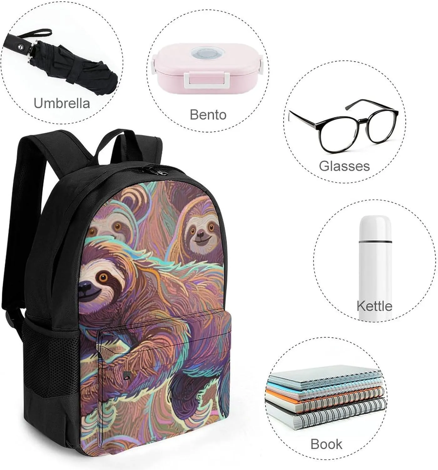 Animals Sloth Art Shoulder Book Bags Polyester Multipurpose Anti-Theft Carry On Bag Large Capacity Travel Hiking & Camping Rucksack