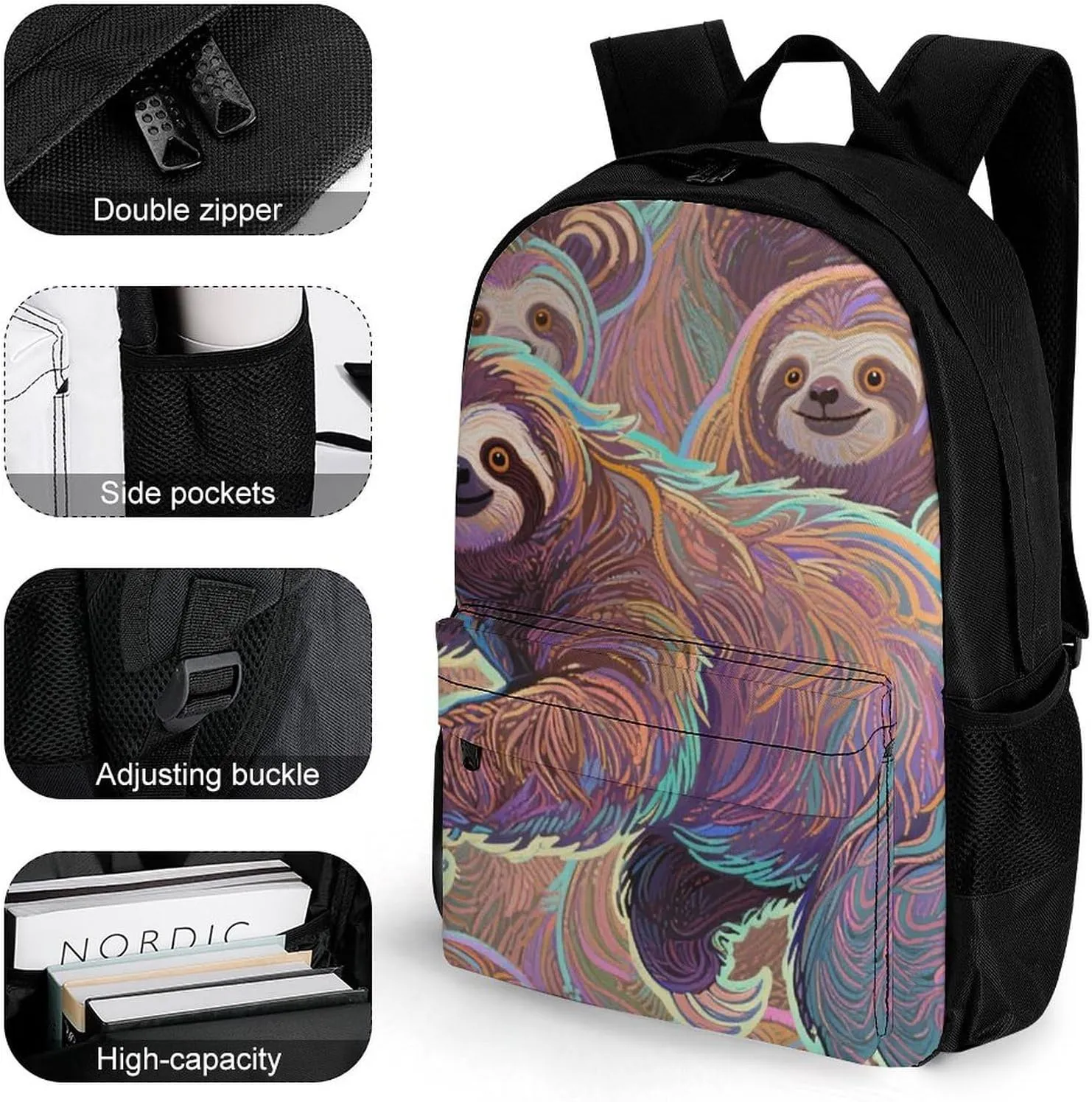 Animals Sloth Art Shoulder Book Bags Polyester Multipurpose Anti-Theft Carry On Bag Large Capacity Travel Hiking & Camping Rucksack