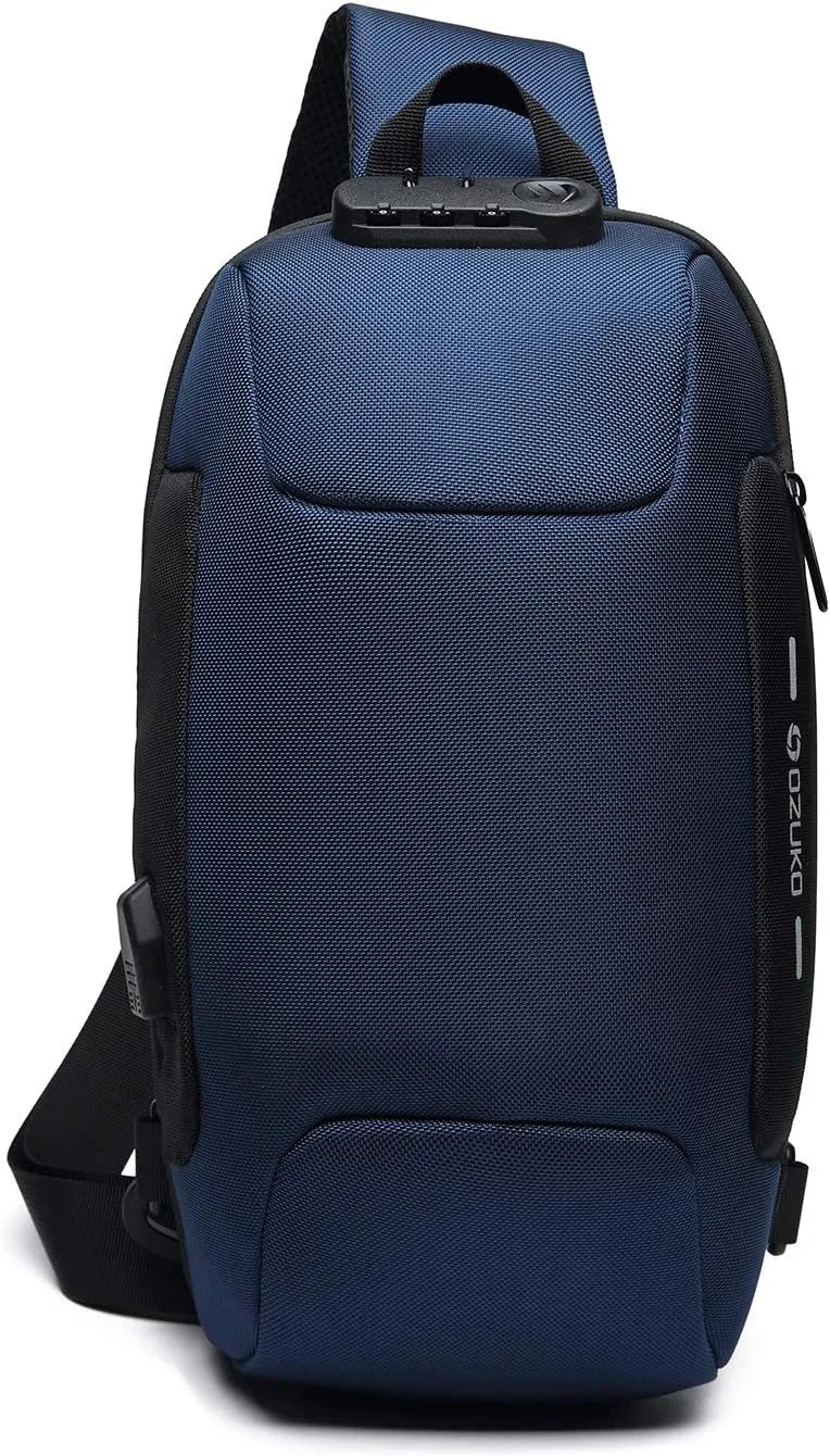 Anti-theft Sling Bag New Men Crossbody Bag fit 10.5 inch tablet Women Chest Pack with USB Charging Port Shoulder Bag for Cycling Camping Riding Hiking Daypacks Waterproof Polyester Blue A