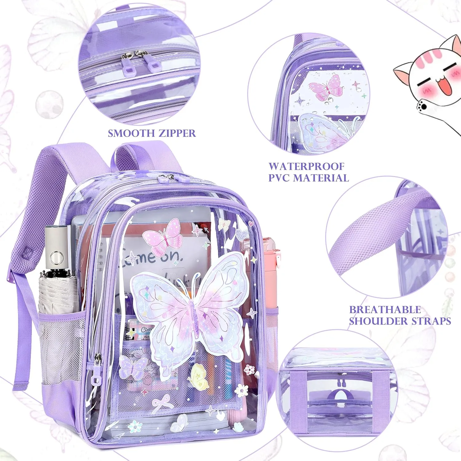 AO ALI VICTORY Clear Backpack for Boys Girls, Kids Backpack Set with Lunch Box Pencil Bag PVC Elementary Laptop Bookbag for School Students See Through Transparent Travel Back Pack, Purple Butterfly