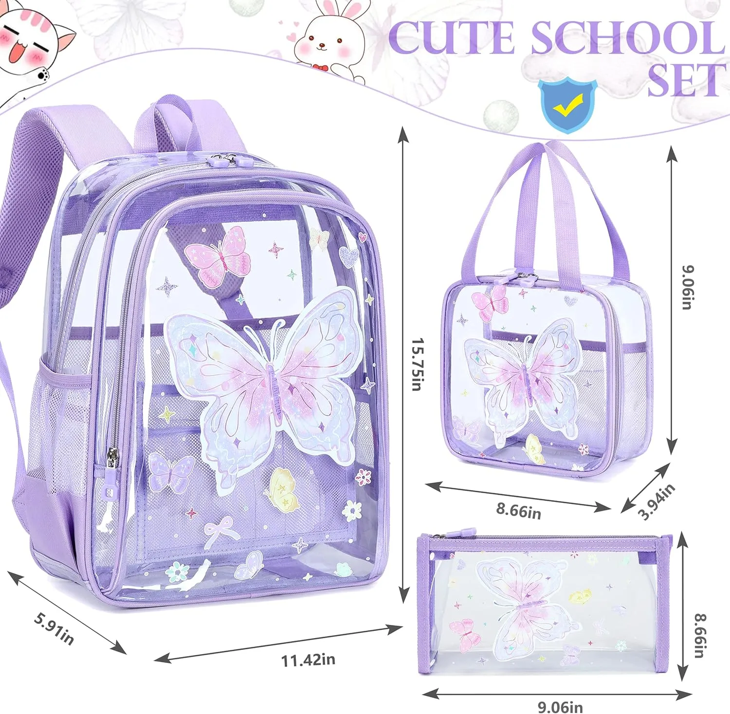 AO ALI VICTORY Clear Backpack for Boys Girls, Kids Backpack Set with Lunch Box Pencil Bag PVC Elementary Laptop Bookbag for School Students See Through Transparent Travel Back Pack, Purple Butterfly