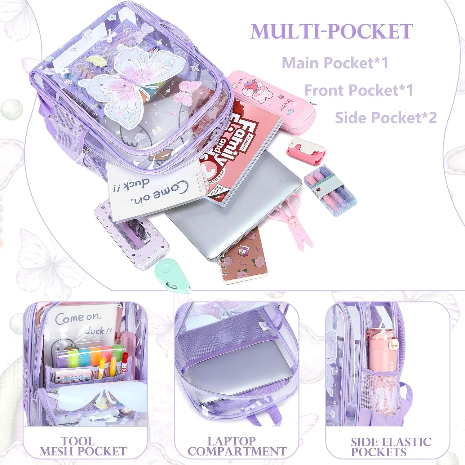 AO ALI VICTORY Clear Backpack for Boys Girls, Kids Backpack Set with Lunch Box Pencil Bag PVC Elementary Laptop Bookbag for School Students See Through Transparent Travel Back Pack, Purple Butterfly