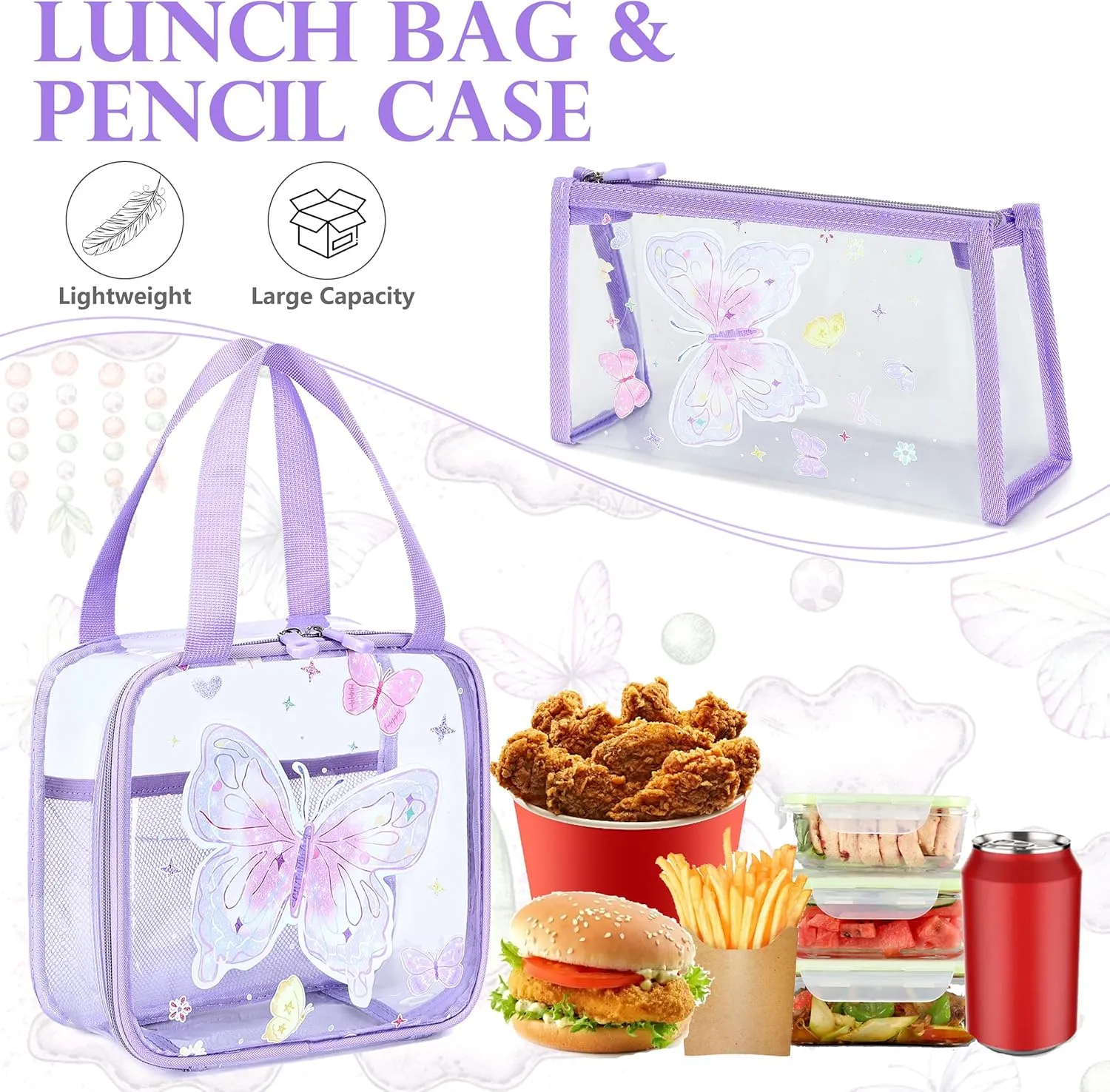 AO ALI VICTORY Clear Backpack for Boys Girls, Kids Backpack Set with Lunch Box Pencil Bag PVC Elementary Laptop Bookbag for School Students See Through Transparent Travel Back Pack, Purple Butterfly