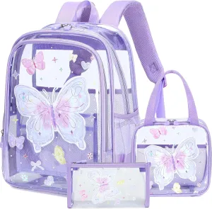 AO ALI VICTORY Clear Backpack for Boys Girls, Kids Backpack Set with Lunch Box Pencil Bag PVC Elementary Laptop Bookbag for School Students See Through Transparent Travel Back Pack, Purple Butterfly
