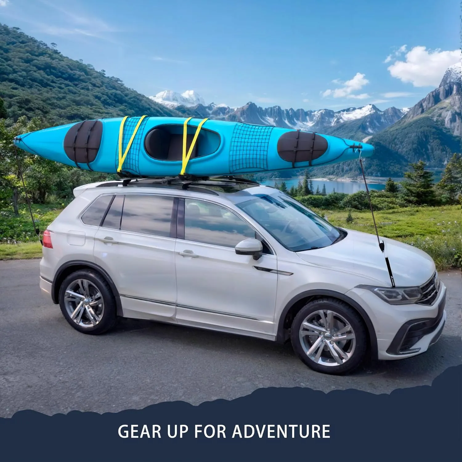 ARKSEN 2 Pair Universal Folding Kayak Roof Rack for Cars, SUVs, and Trucks - Heavy-Duty Adjustable J-Bar Kayak Carrier with 4 Lashing Strap, 4 Stern Tie Down Straps, 4 Anchor Straps