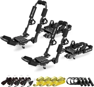 ARKSEN 2 Pair Universal Folding Kayak Roof Rack for Cars, SUVs, and Trucks - Heavy-Duty Adjustable J-Bar Kayak Carrier with 4 Lashing Strap, 4 Stern Tie Down Straps, 4 Anchor Straps
