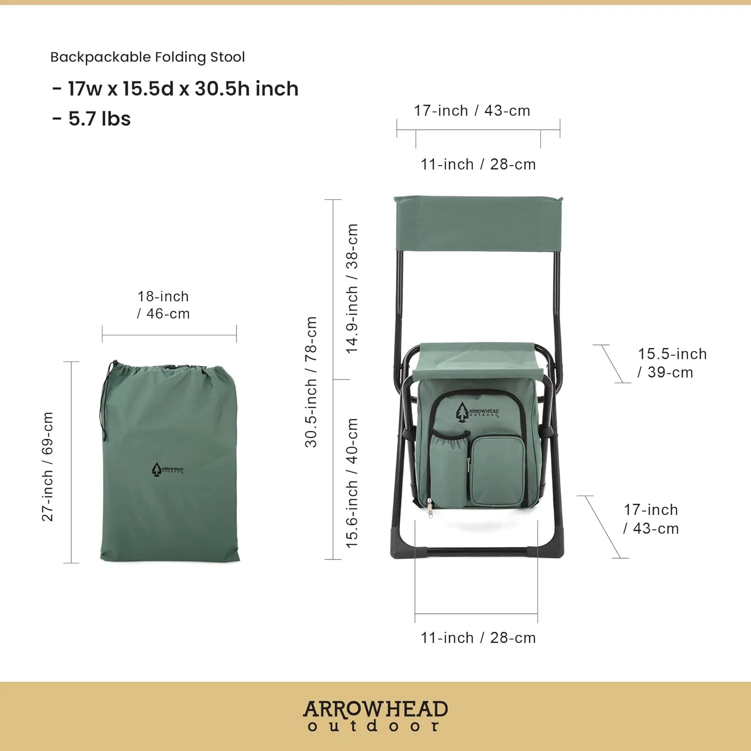 Arrowhead Outdoor Multi-Function 3-in-1 Compact Camp Chair: Backpack, Stool & Insulated Cooler, w/Bottle Holder & Storage Bag, External Pockets, Backrest, Fishing, Hiking, Heavy-Duty, USA-Based