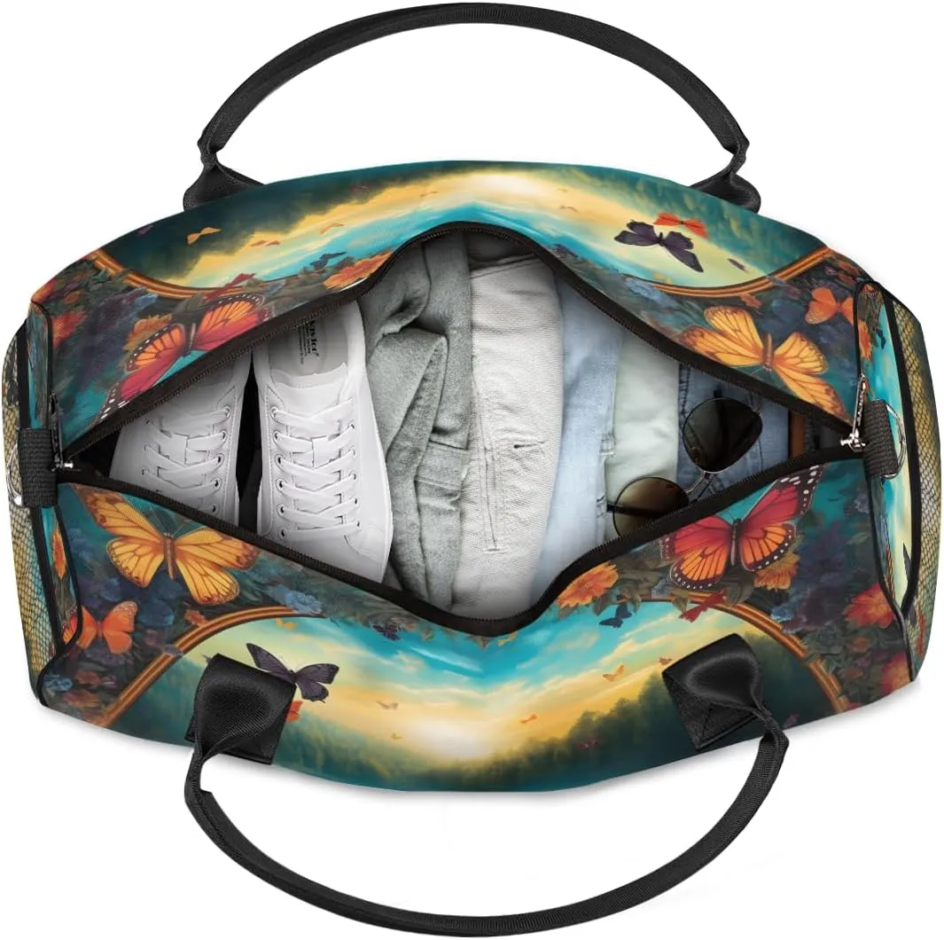 Art Travel Duffle Bag for Women Men Foldable Waterproof Weekender Bag Carry on Tote for Overnight Sports Gym Butterfly Flower Painting