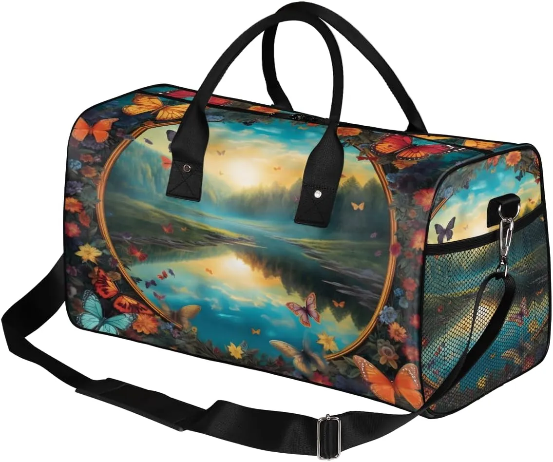 Art Travel Duffle Bag for Women Men Foldable Waterproof Weekender Bag Carry on Tote for Overnight Sports Gym Butterfly Flower Painting