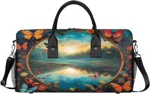 Art Travel Duffle Bag for Women Men Foldable Waterproof Weekender Bag Carry on Tote for Overnight Sports Gym Butterfly Flower Painting