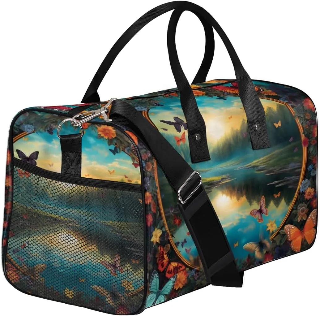Art Travel Duffle Bag for Women Men Foldable Waterproof Weekender Bag Carry on Tote for Overnight Sports Gym Butterfly Flower Painting