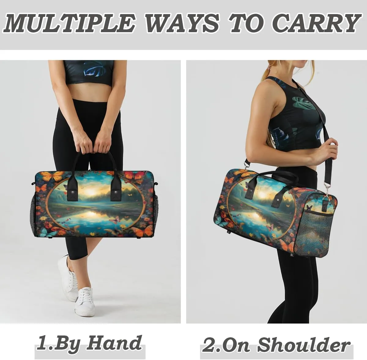 Art Travel Duffle Bag for Women Men Foldable Waterproof Weekender Bag Carry on Tote for Overnight Sports Gym Butterfly Flower Painting
