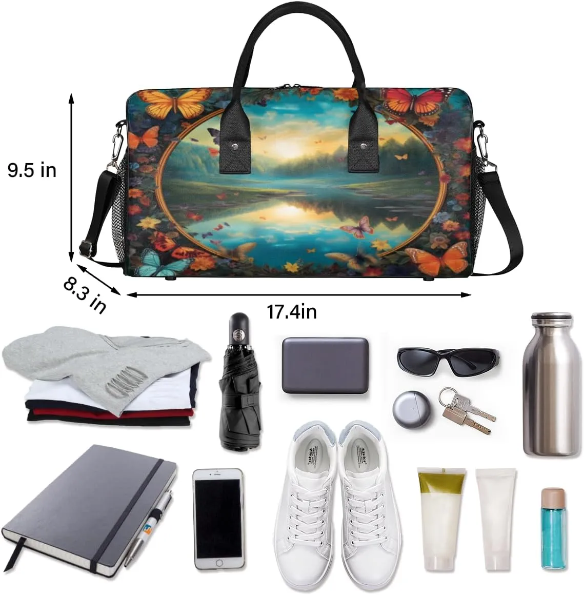 Art Travel Duffle Bag for Women Men Foldable Waterproof Weekender Bag Carry on Tote for Overnight Sports Gym Butterfly Flower Painting