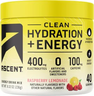 Ascent Clean Hydration   Energy Electrolytes Powder - 100mg Caffeine, 400mg Electrolytes, No Artificial Ingredients, Raspberry Lemonade 40 Servings