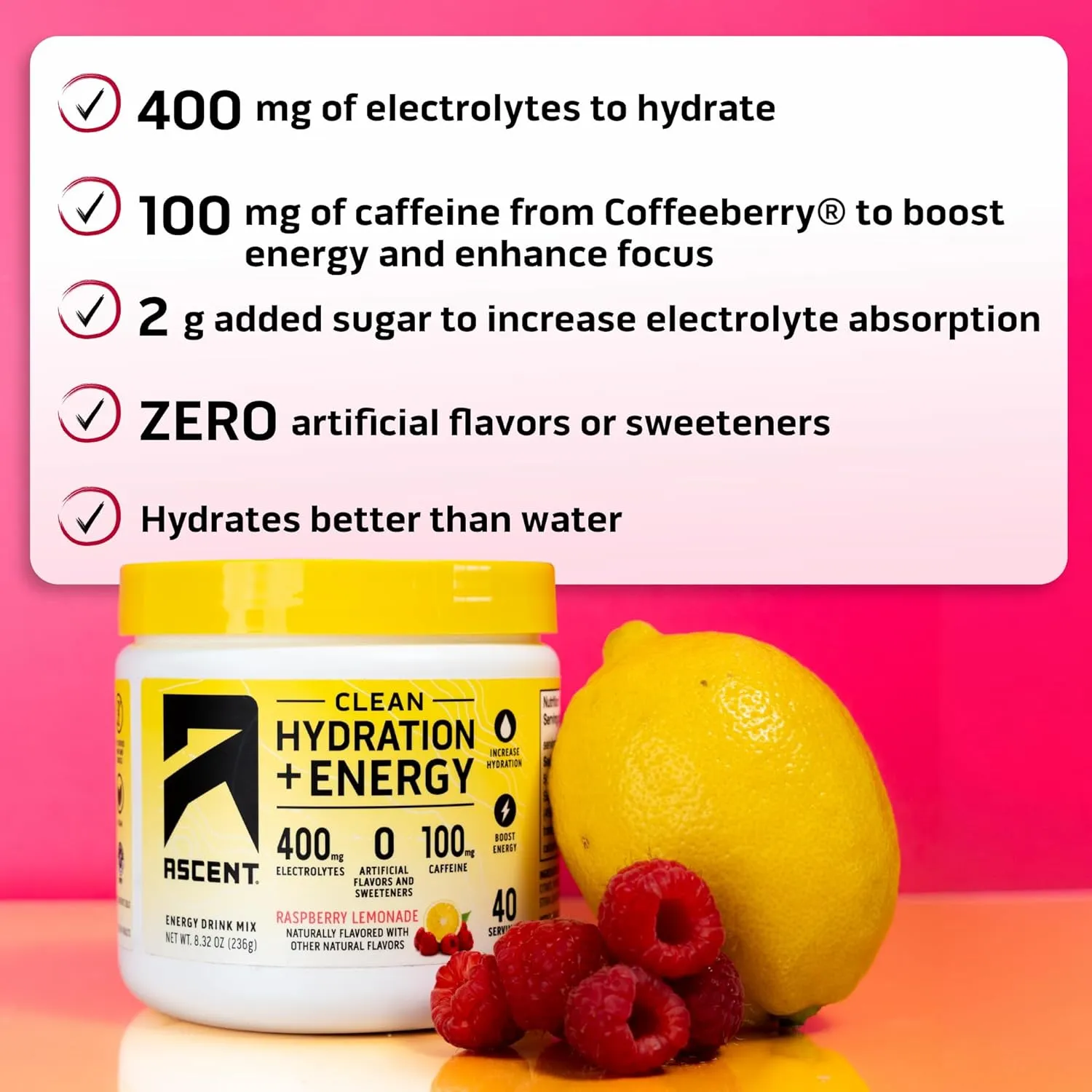 Ascent Clean Hydration   Energy Electrolytes Powder - 100mg Caffeine, 400mg Electrolytes, No Artificial Ingredients, Raspberry Lemonade 40 Servings