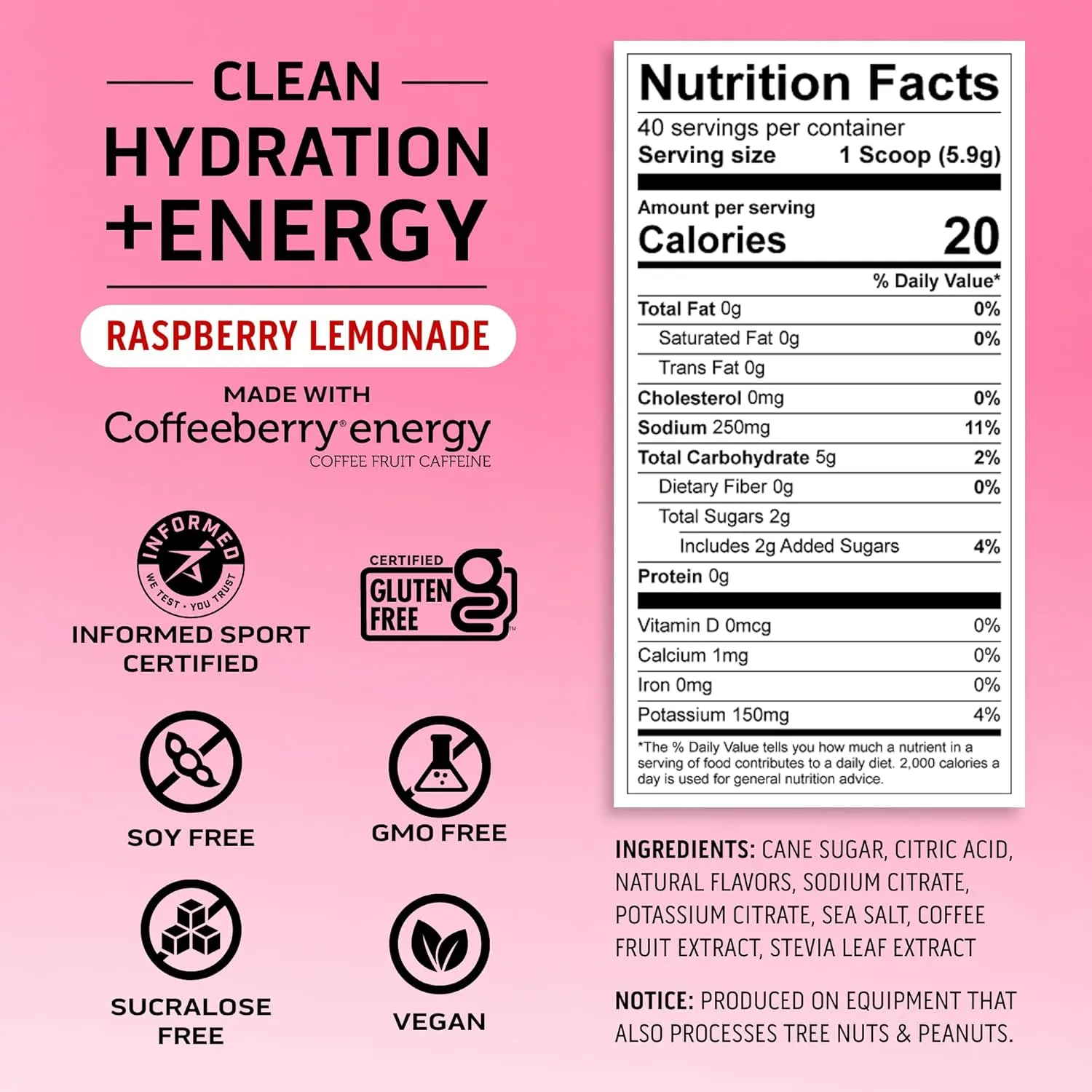 Ascent Clean Hydration   Energy Electrolytes Powder - 100mg Caffeine, 400mg Electrolytes, No Artificial Ingredients, Raspberry Lemonade 40 Servings
